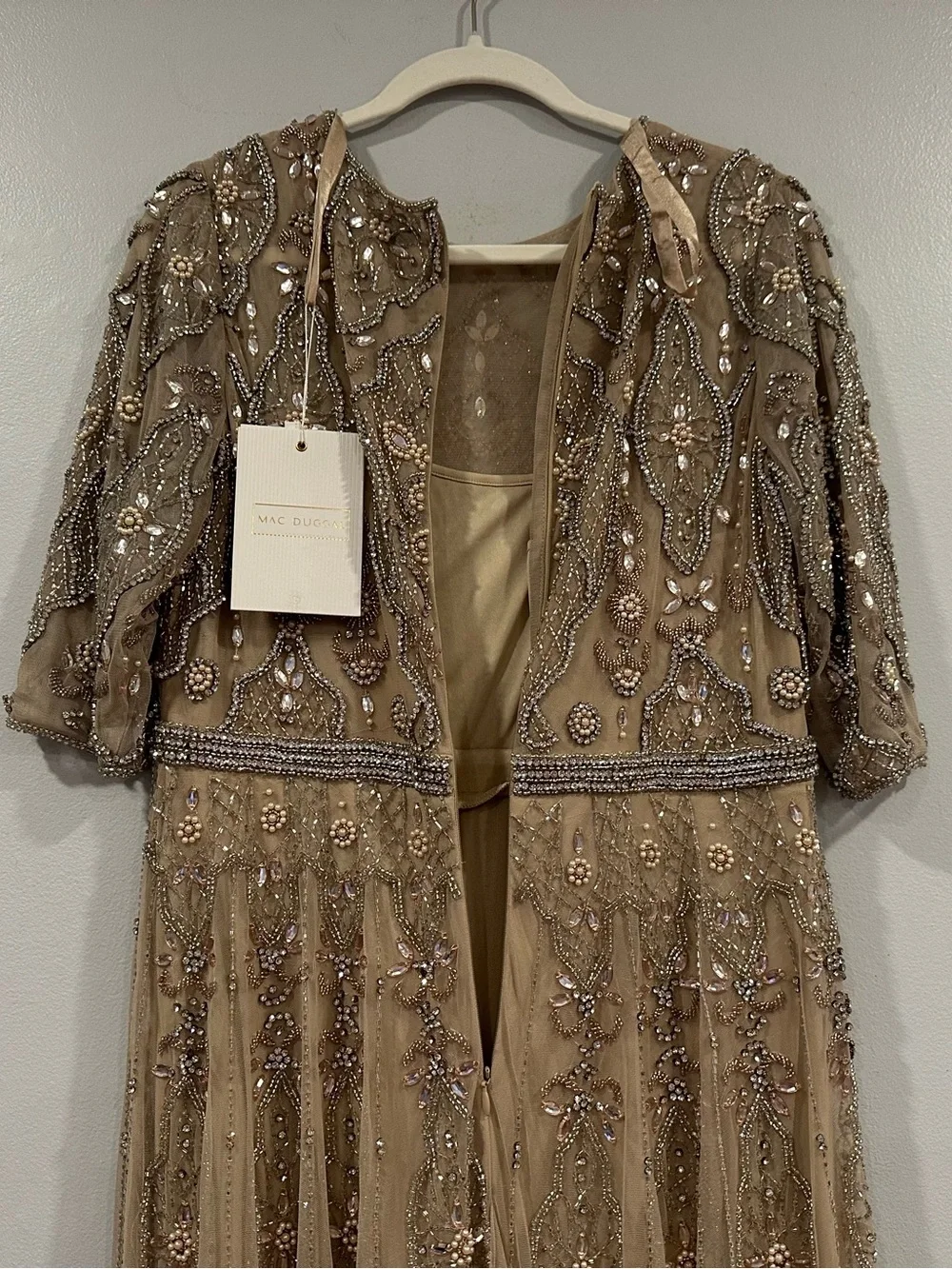 Mac Duggal 10115 Beige 3/4 Sleeve Embellished A-line Gown sz 10